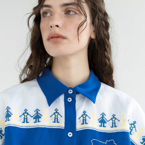 Ukrainian Blue and White Embroidered Unisex Oversized Linen Shirt Vyshyvanka L - Picture 8 of 12